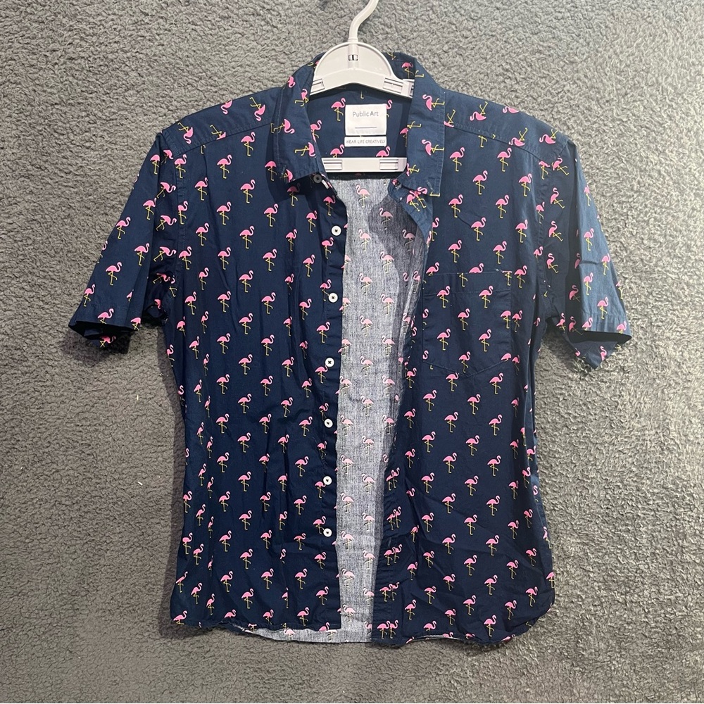 Public Art Dark Blue Flamingo Print Button Down Pocket Shirt Size S‎